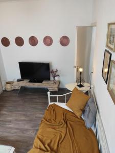a living room with a flat screen tv on the wall at Gemütliche 2 Zimmer (citynahe wohnung) in Hildesheim