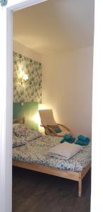 1 dormitorio con 1 cama con ordenador portátil en Appartement / Jungle en Sète
