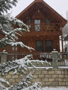una casa con un árbol cubierto de nieve delante de ella en Agara Pansiyon, en Taşkıran