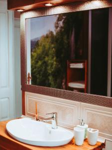 een wastafel in de badkamer met een grote spiegel erboven bij Pensiunea Danieli in Eftimie Murgu