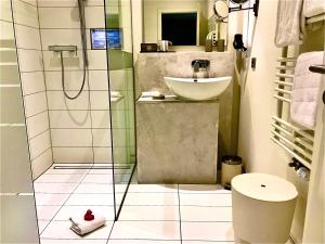a small bathroom with a shower and a sink at Park Villa in Wuppertal