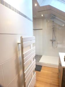ein Bad mit einer Dusche und einer weißen Wand in der Unterkunft B&B Pegasus II - Chambre de luxe avec sauna privatif in Vielsalm