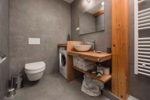 a bathroom with a toilet and a sink and a washing machine at Apartmaji Nija in Bled