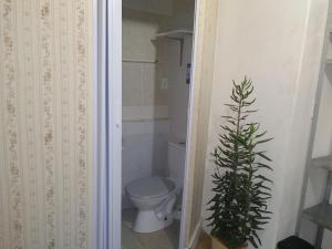 a bathroom with a toilet and a christmas tree in it at Pousada Joinville in Joinville