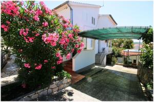 un jardin avec des fleurs roses sur une maison dans l'établissement Studio Apartman Elena, à Primošten