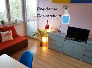 sala de estar con sofá y TV en A.G-Apartamenty Warszawa Centrum, en Varsovia