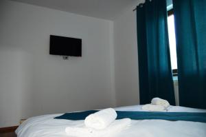 a bedroom with a bed with a television on the wall at Pensiunea Corina Tulcea in Tulcea