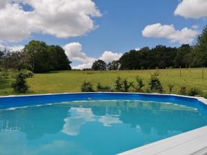 a pool of blue water with a field in the background at Le Noyer in Rougnat