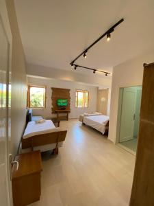 a bedroom with two beds and a tv in it at Old Town Hotel Dhermi in Dhërmi