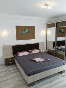 a bedroom with a bed and a mirror at Apartament CAMEL in Eforie Nord
