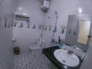 a bathroom with a sink and a toilet and a mirror at Homestay Thanh Long in Cat Ba