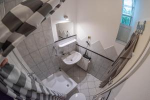 ein kleines Badezimmer mit Waschbecken und Toilette in der Unterkunft 55m² 2 Zimmer-Monteurswohnung mit 4 einzelnen Betten in Nieder-Saulheim + 21 Fotos