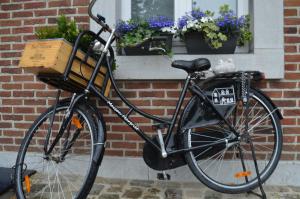 een fiets geparkeerd voor een huis met bloemen bij Maison Margriet in Tongeren