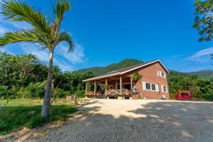 a palm tree in front of a house at YOISAMA Sunset Beach House in Ishigaki Island