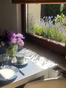 a window sill with a table with a cup and flowers at Appartement 1 Baltic in Bergen auf Rügen