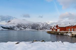 a house on a dock with snow covered mountains at Brand new Nappstraumen seaview cabin in Gravdal