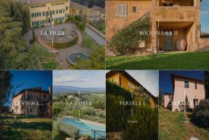 a collage of pictures of different houses andyards at Petrolo in Bucine