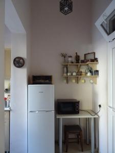 a kitchen with a refrigerator and a table with a microwave at Borjomi Central Park Apartment in Borjomi