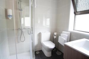a bathroom with a toilet and a shower and a sink at Ger&ecirc;s Guest House in Geres