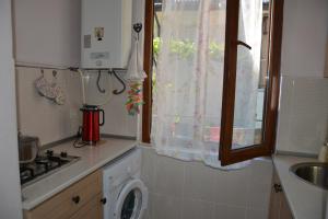 cocina con lavadora y ventana en Borjomi Central Park Apartment, en Borjomi