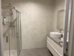 a bathroom with a glass shower and a sink at Apartamento céntrico y moderno in Ferrol