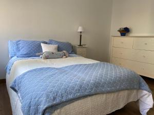 a bedroom with a blue bed with a stuffed animal on it at Apartamento céntrico y moderno in Ferrol
