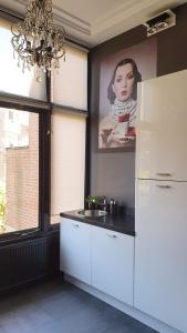 eine Küche mit einem Kühlschrank und ein Bild einer Frau in der Unterkunft Residenz Stadslogement in Den Haag