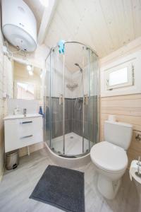 a bathroom with a shower and a toilet and a sink at Domki nad morzem WOJTAS in Wrzosowo +93 photos