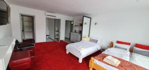 1 dormitorio con 2 camas y alfombra roja en Modern rooms Colibita, en Colibiţa