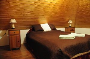 a bedroom with a bed and two lamps on tables at Greenapple Apartman Badacsony in Badacsonytördemic