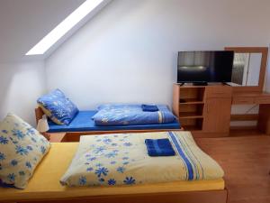 Habitación pequeña con 2 camas y TV. en TIC Hervartov, en Hervartov