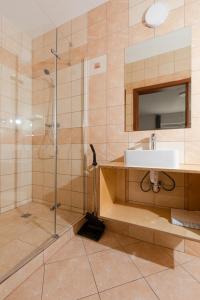 a bathroom with a shower and a sink at Sztorm in Rewal