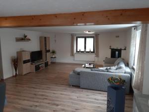 ein Wohnzimmer mit Sofa und Fernseher in der Unterkunft Familienfreundliche Ferienwohnung in Zschorlau
