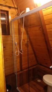 a bathroom with a shower and a toilet at Chalé - Sossego 1 in Campos do Jordão