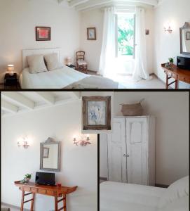two pictures of a bedroom with a bed and a table at Les Muzards in Châtel-Montagne