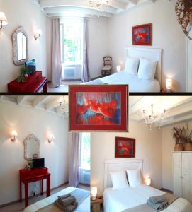 two pictures of a bedroom with two beds at Les Muzards in Châtel-Montagne