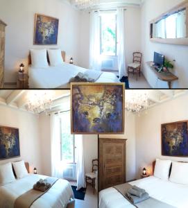 a room with two beds and a painting on the wall at Les Muzards in Châtel-Montagne