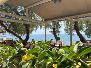 a view of the ocean from a patio with plants at Apanemia Rooms in Triopetra