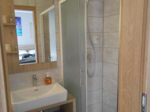 a bathroom with a sink and a shower with a mirror at Villa Kristina in Rovinj +74 photos
