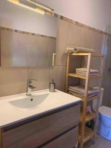 baño con lavabo y estante con toallas en Haut de villa entre mer et campagne en Hyères