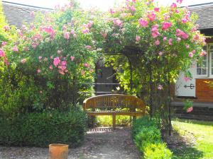 a wooden bench sitting under a hedge with pink roses at Marygreen Manor in Brentwood