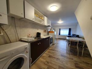 a kitchen with a washing machine and a table at Charter Apartments Costea in Sibiu