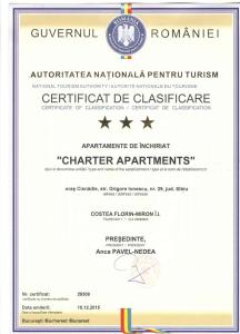 Sertifikāts, apbalvojums, norāde vai cits dokuments, kas ir izstādīts apskatei naktsmītnē Charter Apartments Costea