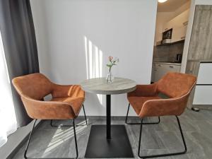 - une table avec deux chaises et un vase de fleurs dans l'établissement HP Apartments, à Neu-Ulm