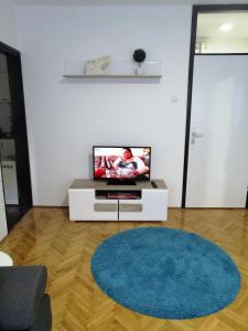 sala de estar con TV y alfombra azul en LARA, en Užice