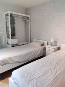a bedroom with two beds and a mirror at Louisiana 1 - Koninklijke Baan 71-B1 in De Haan