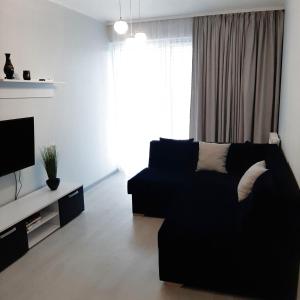 a living room with a black couch and a television at Apartament Thomas 2 in Świnoujście