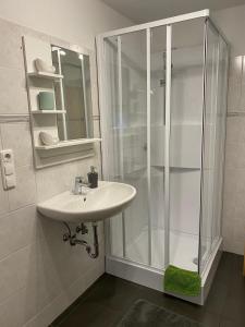 a white bathroom with a shower and a sink at Alpen Apartement in Hallstatt
