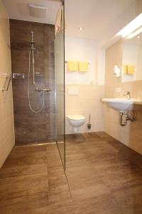 a bathroom with a shower and a toilet and a sink at Pension St.Leonhard in Bad Gastein