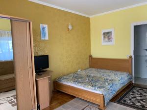 a small bedroom with a bed and a television at Комфортабельный коттедж in Svityazʼ